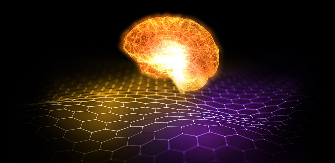 A glowing brain on a yellow and purple grid