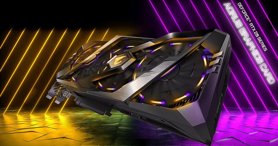 GIGABYTE AORUS Graphics Card Angled Up to the Left on a Graphic Field with Yellow and Purple Neon Lighting and Stylized Text That Reads: GEFORCE RTX 20 SERIES AORUS GRAPHICS CARD