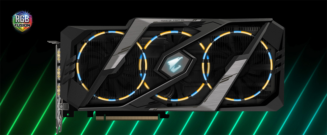 GIGABYTE AORUS GV-N208TWF3OC-11GC Graphics Card Facing Forward in Front of Green Strips of Light and Next to the RGB Fusion Logo