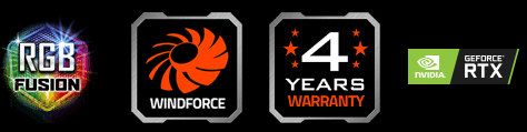 Badges/icons for RGB Fusion, Windforce, 4 Years Warranty and NVIDIA GeForce RTX
