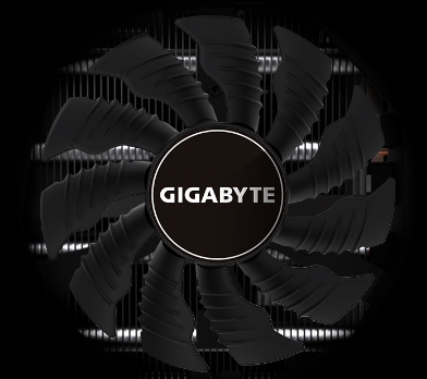 A GIGABYTE branded fan spinning forward