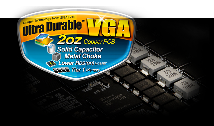 Closeup of the graphics card's circuitry and the Ultra Durable VGA badge with text that reads: 2oz Copper PCB, Solid Capacitor, Metal Choke, Lower RDS(on) and Tier 1 Memory