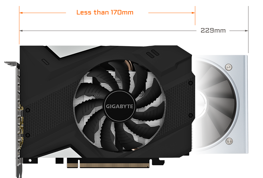 The GIGABYTE GV-N208TWF3OC-11GC graphics card facing forward in front of a white graphics card that measure 229mm. The GIGABYTE card in front has text that reads: Less than 170mm