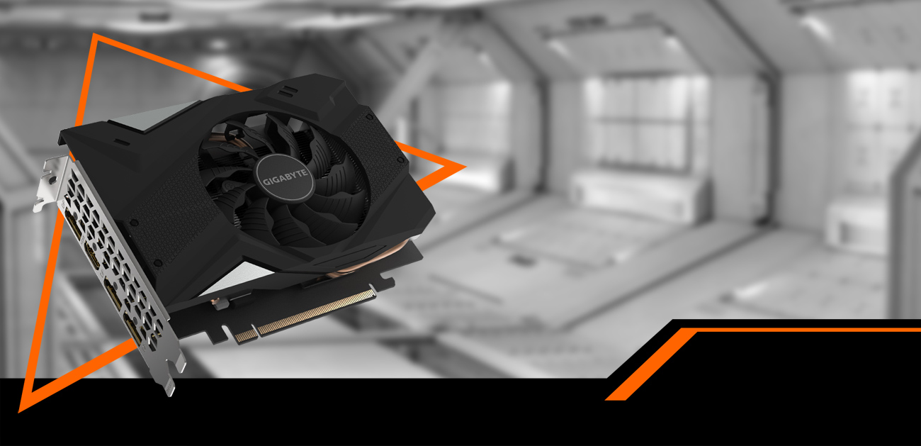 The GIGABYTE GTX 1660 Ti facing up, slightly to the right in an orange triangle with a black-and-white spaceship-hangar background