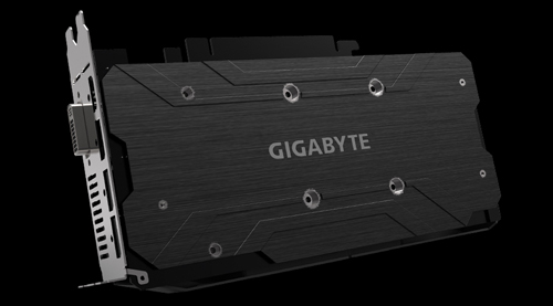 The back of the Gigabyte radeon rx 590 graphics card