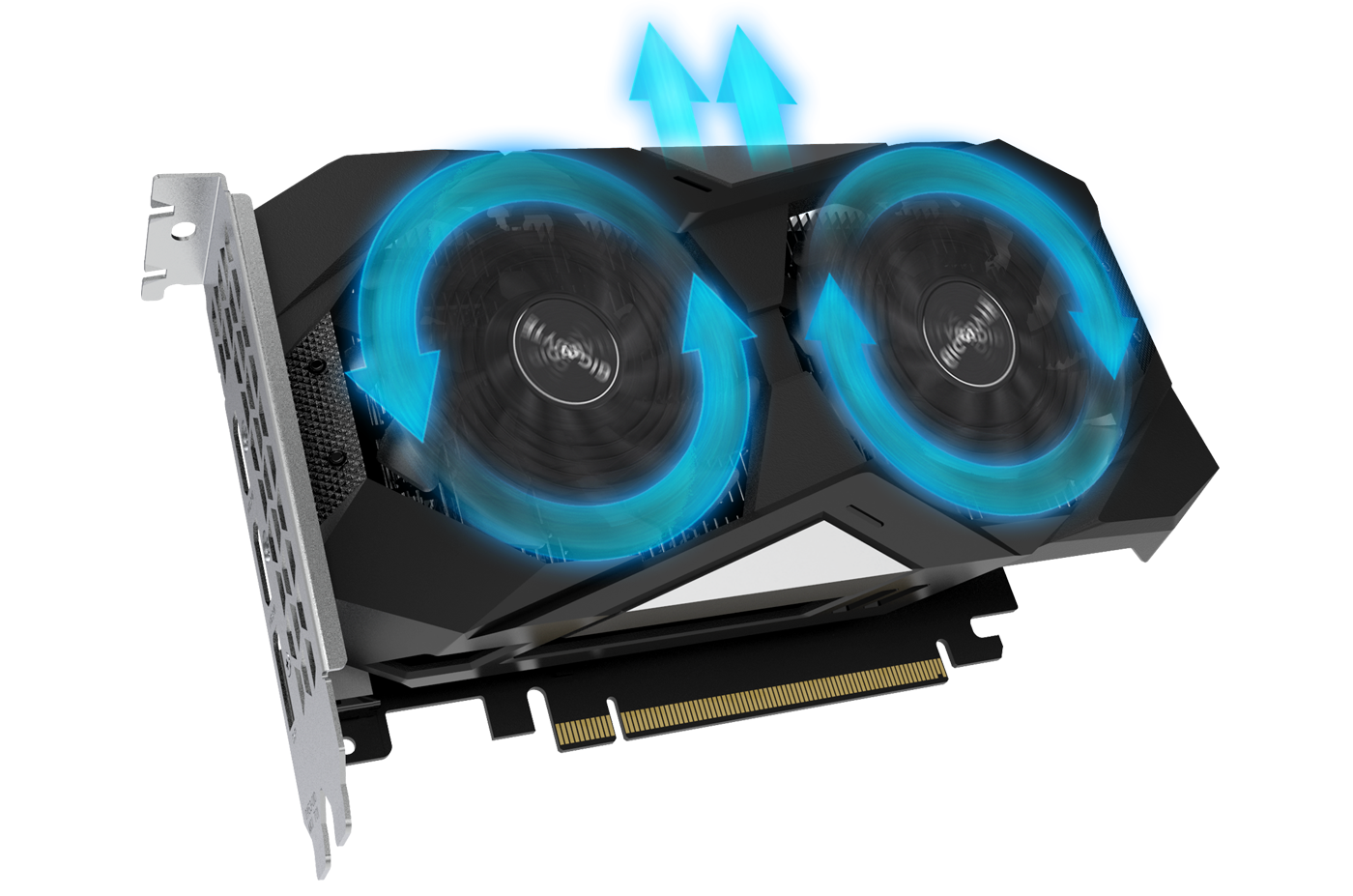 GIGABYTE GV-N1650OC-4GD graphics card angled up to the right with blue graphics showing the airflow its spinning fans create