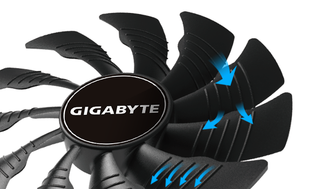 GIGABYTE GV-N1650OC-4GD graphics card's fans with blue arrows going through the divots on the fan blades