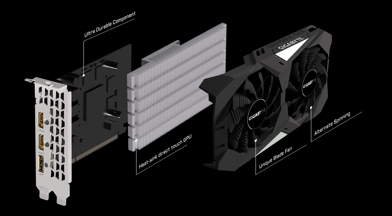 GIGABYTE GV-N1650OC-4GD graphics card angled to the right, one behind the other