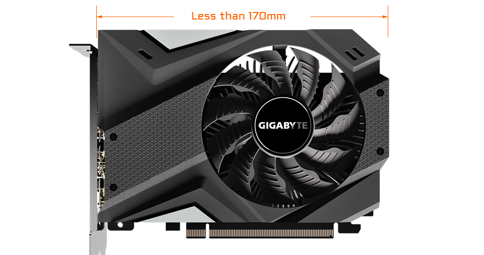 GIGABYTE GV-N1650IXOC-4GD graphics card facing forward with text and graphics indicating 170mm length
