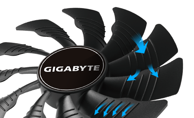 GIGABYTE GV-N1650IXOC-4GD graphics card's fans with blue arrows going through the divots on the fan blades