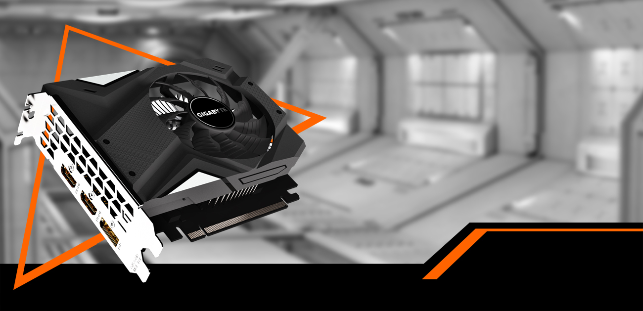 GIGABYTE GV-N1650IXOC-4GD graphics card angled up to the right in front of a black-and-white spaceship hangar background
