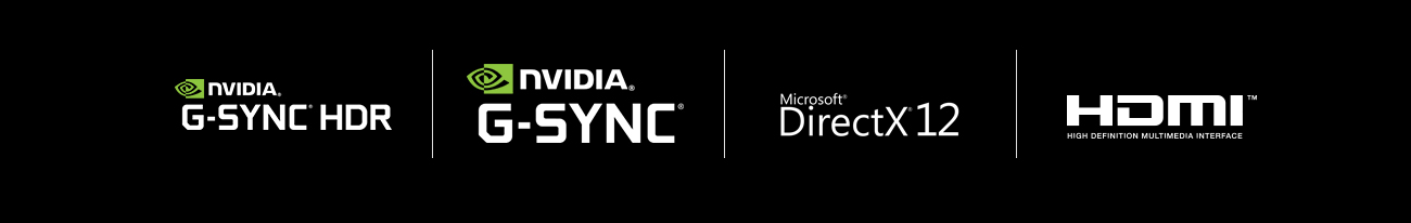 Logos for NVIDIA G-SYNC HDR, NVIDIA G-SYNC, Microsoft DirectX 12 and HDMI