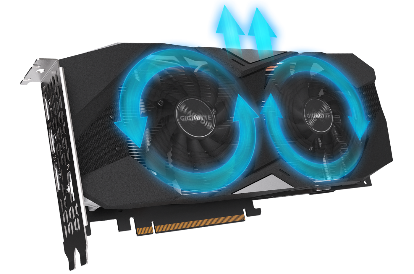 GIGABYTE GeForce RTX 2060 Angled Up to the right with Blue Arrows Indicating Fan Airflow