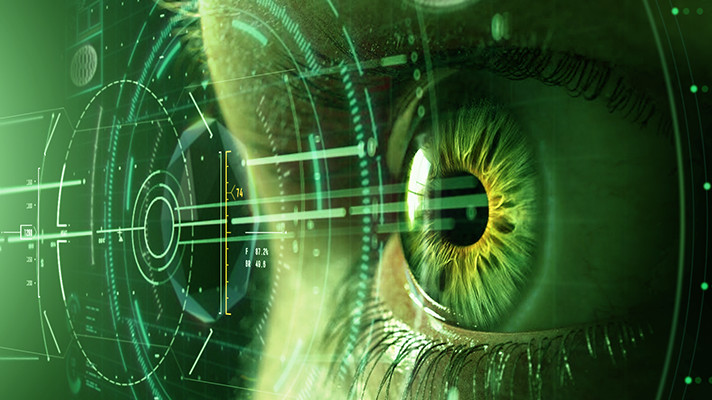 An eye looking through AR tech