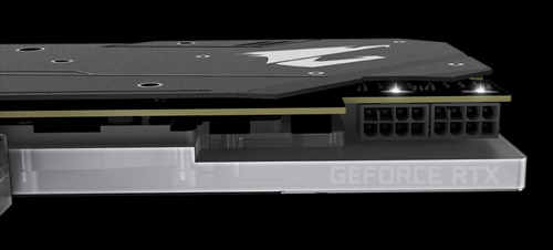The side of GIGABYTE AORUS GeForce® RTX 2080 SUPER™ WATERFORCE WB 8G Graphics Card with flashing light