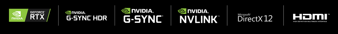 NV Geforce RTX logo, NV G-SYNC HDR logo, NV G-SYNC logo, NV NVLINK logo, Microsoft DirectX12 logo, HDMI logo