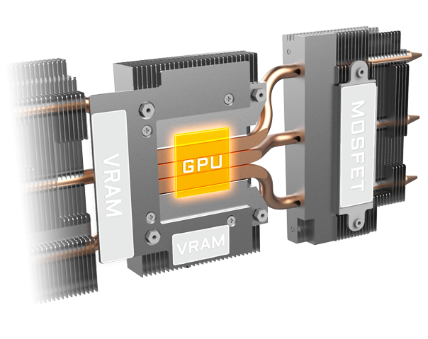 An image shows a large copper base plate with the high light word: MOSFET, VRAM, GPU