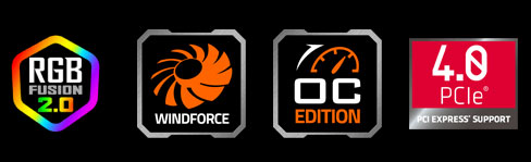 RGB fusion 2.0 icon, features icon for Windforce, 4years warrany icon, 4.0 PCIe icon
