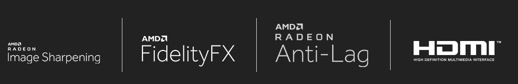 image sharpening icon, fidelityFX icon, anti-lag icon, HDMI icon.