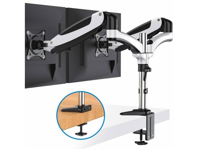 HUANUO HNDSK1 dual monitor stand mounted on a white desk