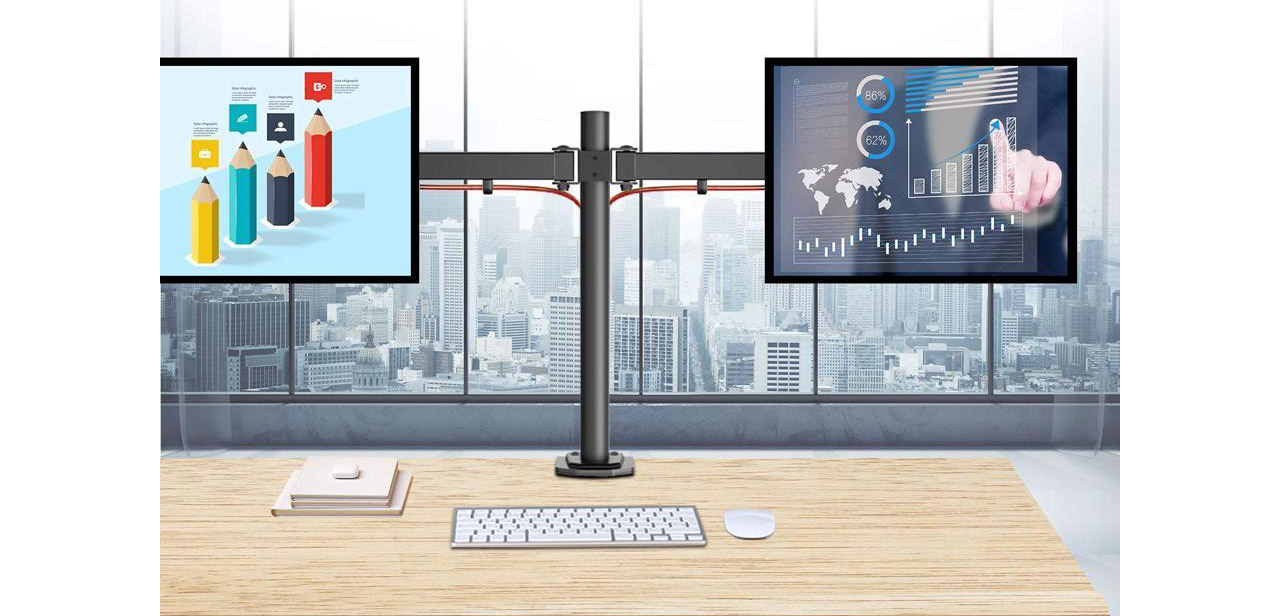 HUANUO Dual Monitor Stand with two displays  mounted on a wooden desk