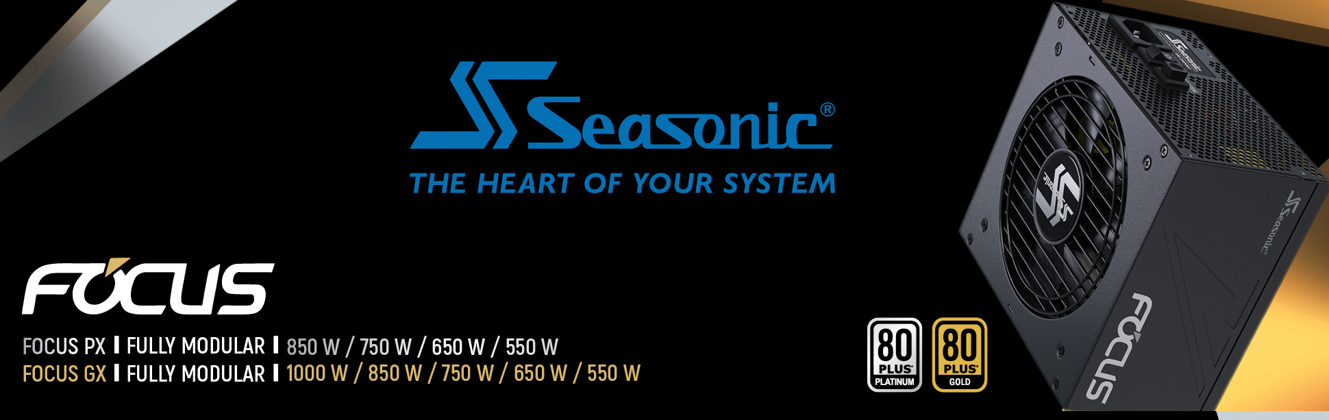 Seasonic Focus side view and Seasonic logo and 80 plus icon