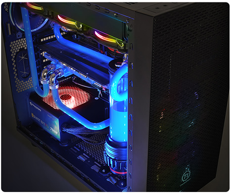 Toughpower GX1 PS-TPD-0700NNFAGU-1 in a Case with Other RGB-Lit Components, Angled Down to the Right