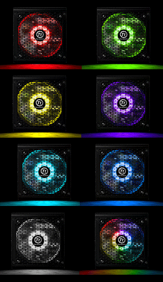 Thermaltake GX1 power supplies with different colors: red, yellow, green, purple, teal, blue, white and rainbow