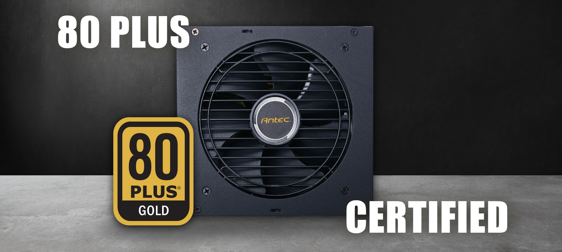 Antec NeoECO 750 GOLD PSU Standing Up, Facing Forward Next to the 80 PLUS GOLD Badge