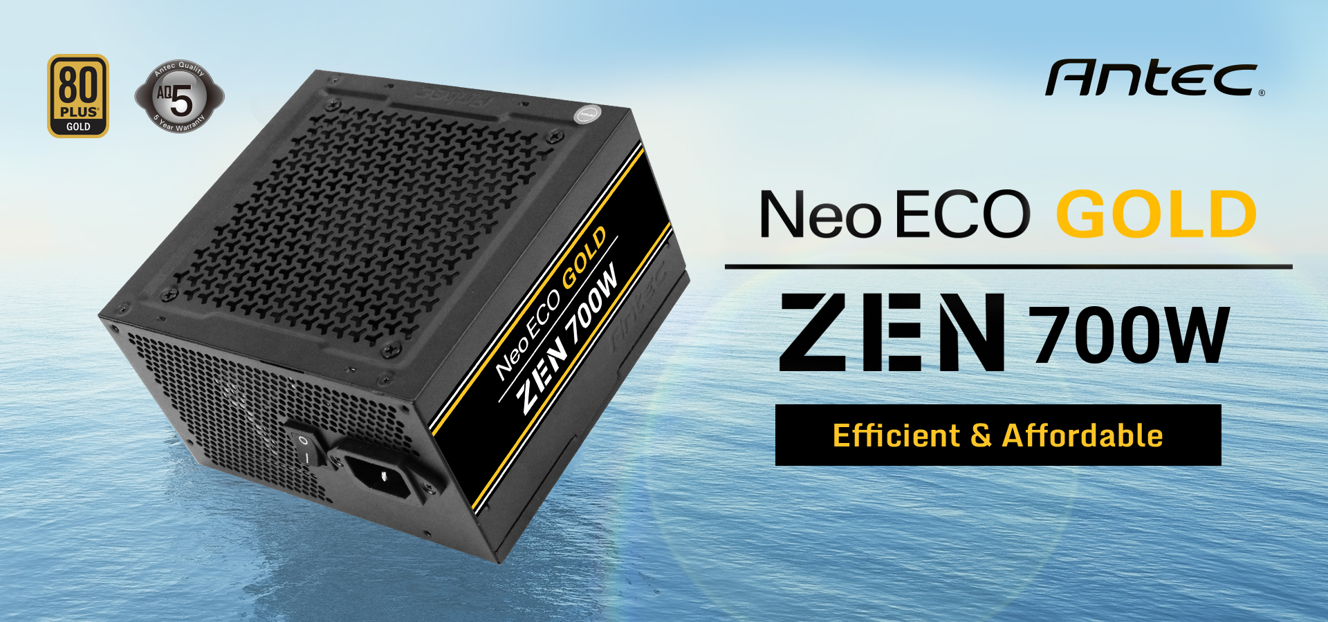Antec NeoECO Gold ZEN Series NE700G ZEN Power Supply side view and Antec logo