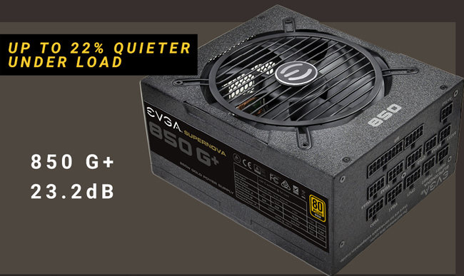 EVGA 850 G+ 120-GP-0850-X1 PSU banner with text that reads: UP TO 22% QUIETER UNDER LOAD - 850 G+ 23.2dB