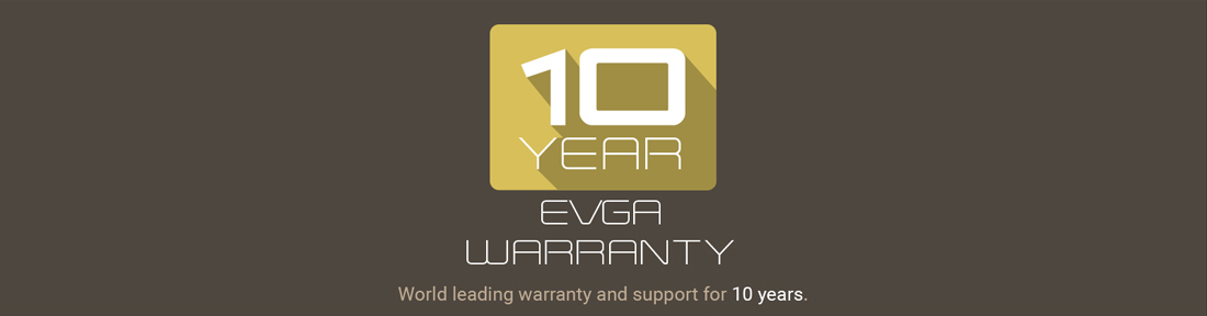 10-year EVGA warranty badge and text that reads: World-leading warranty and support for 10 years