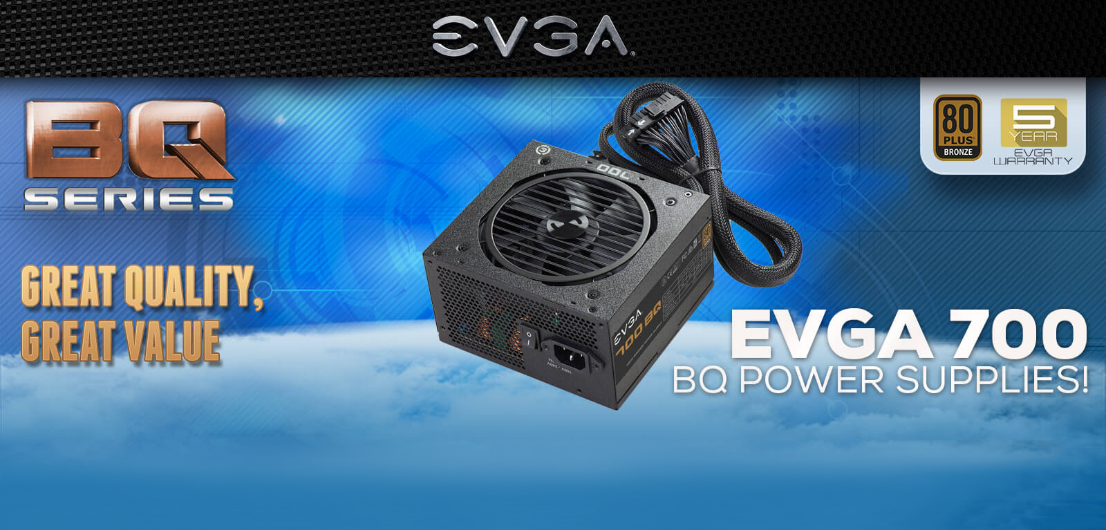 EVGA 700 BQ Semi Modular facing forward and EVGA logo