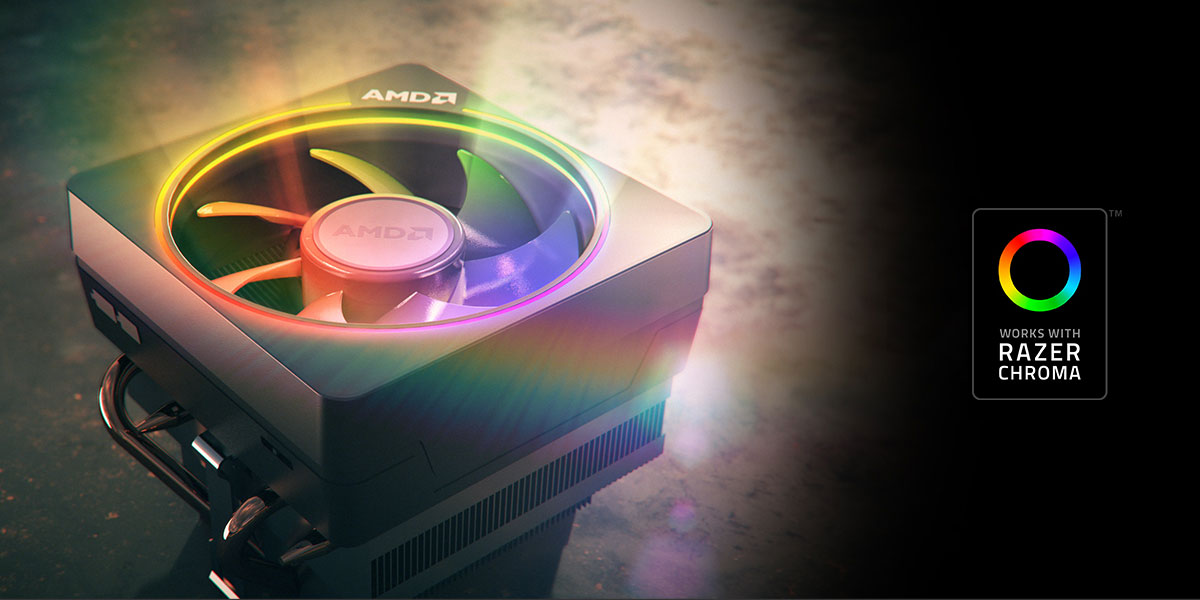    Illustration of the AMD Wraith Prism coller illuminating RGB colors, with a logo of “works with Razer Chroma” next to the cooler on the right