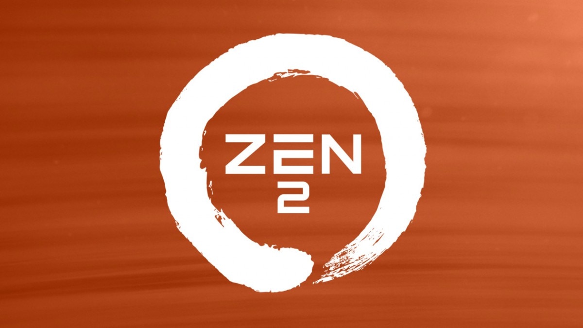   A white logo of Zen 2, with orange background