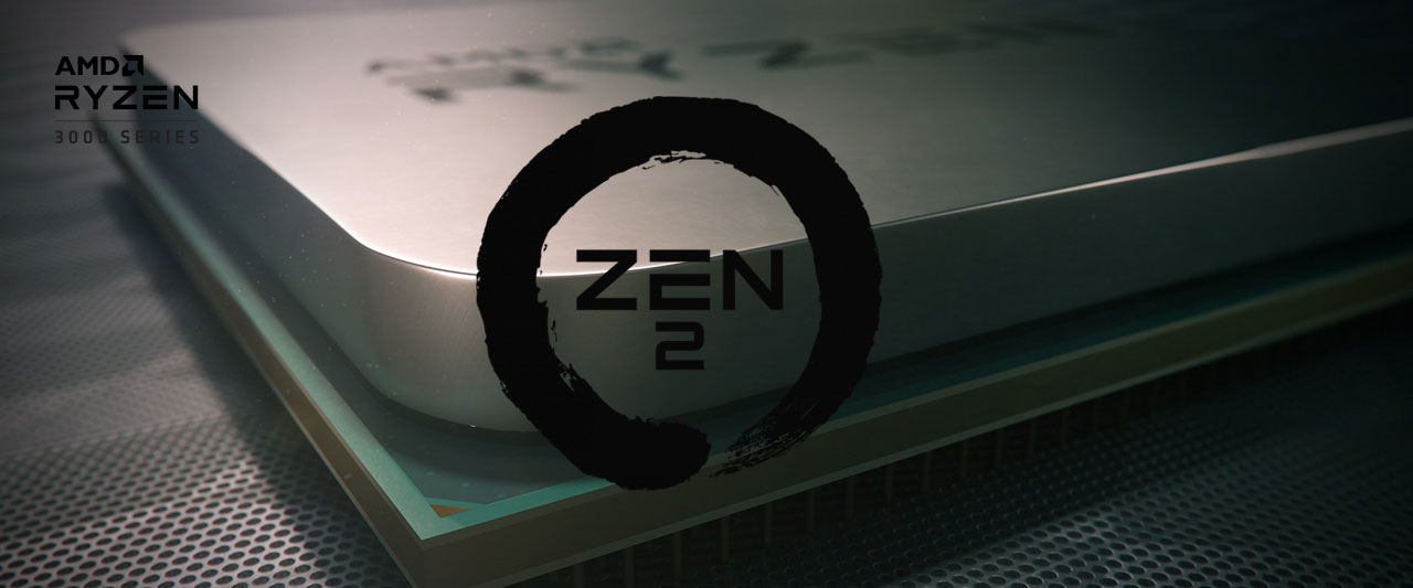  Closeup of a corner of an AMD Ryzen processor, with logo of Zen 2 at the center, and texts at the top left corner reading as “AMD Ryzen 3000 series”