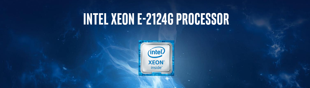 Intel Xeon E-2124G processor logo against a deep blue background