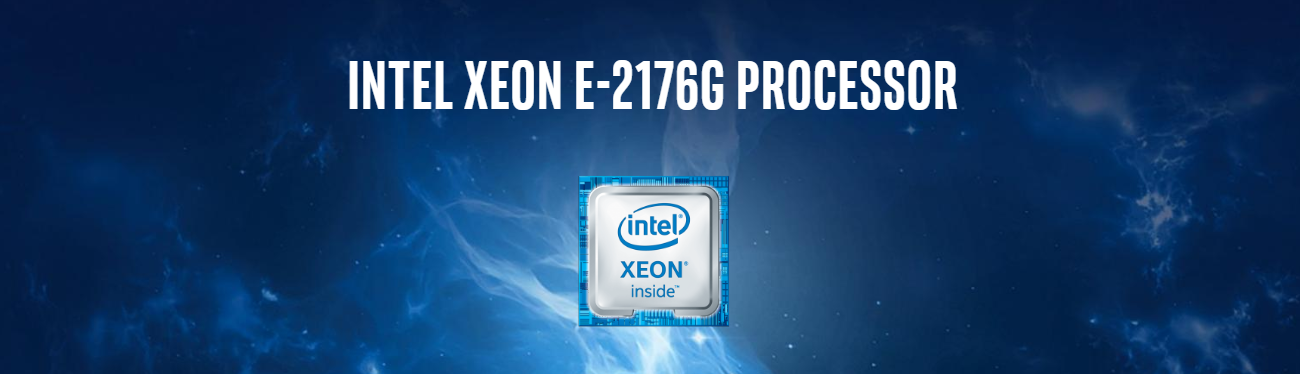 Intel Xeon E-2176G processor logo against a deep blue background