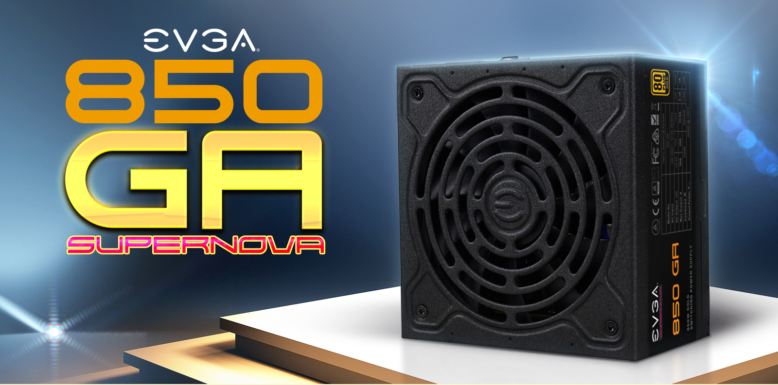 EVGA SuperNOVA 850 GA Fully Modular Power Supply facing forward and EVGA logo