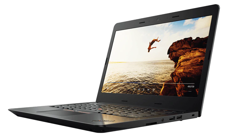 Lenovo ThinkPad E470 laptop angled to left showing a man jumping from an oceanside cliff