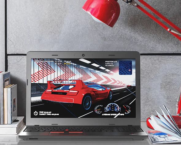 front-facing ThinkPad E470 showing a red sport car picture