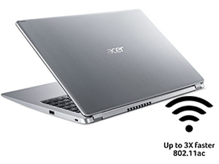 Slightly Open Acer Aspire 5 Angled Away to the Left with a WiFi icon and text that reads: Up to 3X faster 802.11ac