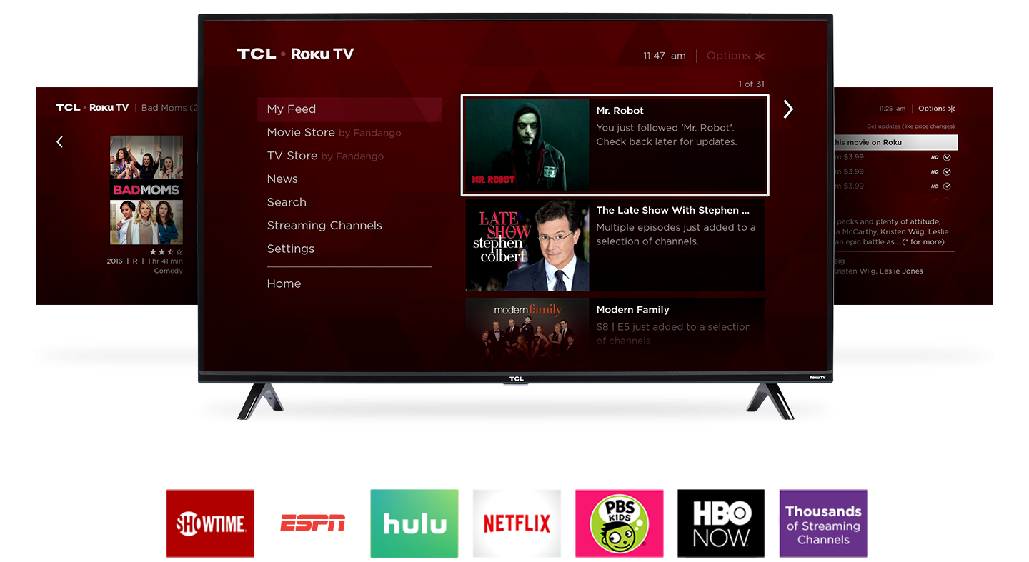TCL Display Screens Showing Different Roku TV Home and Settings Screens, Below the Screen Are Logo Cards for Showtime, Watch ESPN, Hulu, Netflix, PBS Kids, HBO Now, and 4,000+ Streaming Channels
