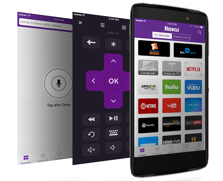 Different windows of the Roku mobile app, showing voice commands, on-screen remote and service-provider selection screens