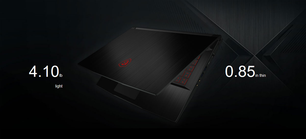  Top right side angle view of a half opened MSI GF63 THIN 9SC Gaming Laptop, with texts reading as “4.10 lb light” and “0.85in thin”  