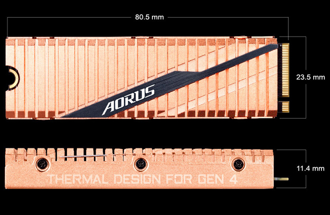 Forward facing and side profile of the GIGABYTE AORUS SSD with text and graphics indicating that the device 80.5mm in width, 23.5mm in height and 11.4mm in depth