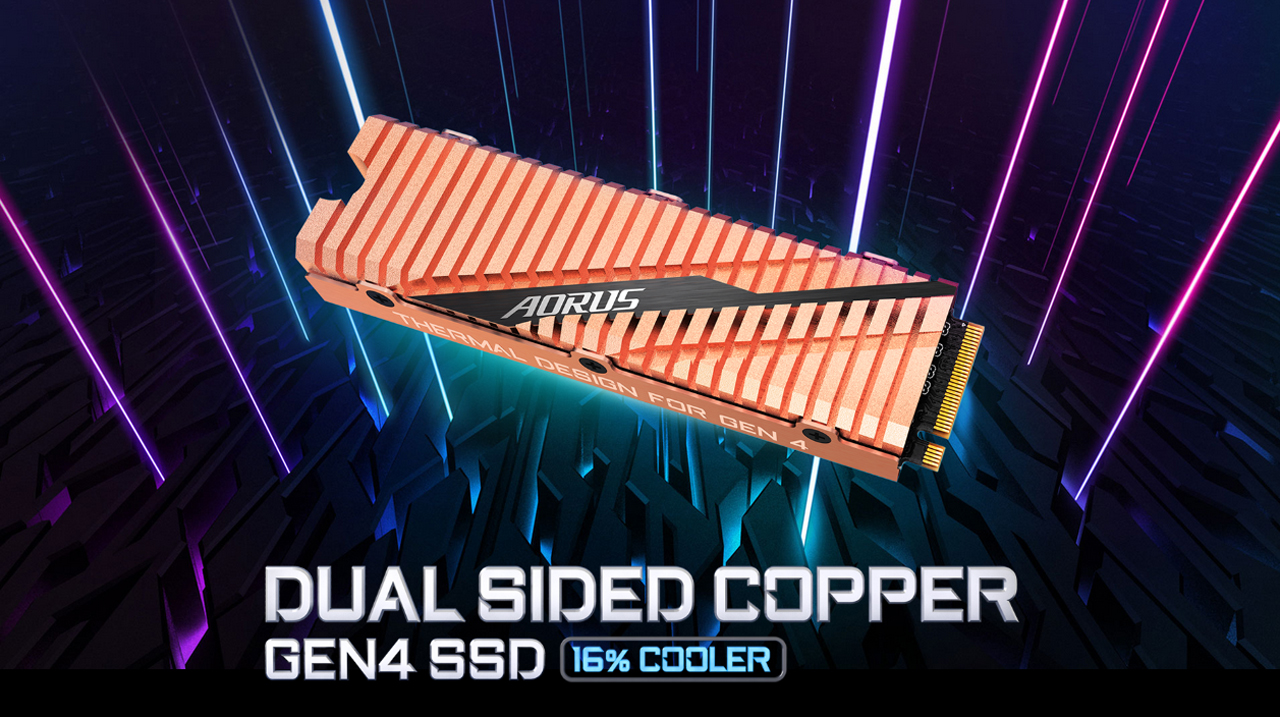 GIGABYTE AORUS SSD Facing Up to the Left around neon light coming from an intertwined scifi graphic. There is also text that reads: DUAL SIDED COPPER GEN4 SSD 16% COOLER