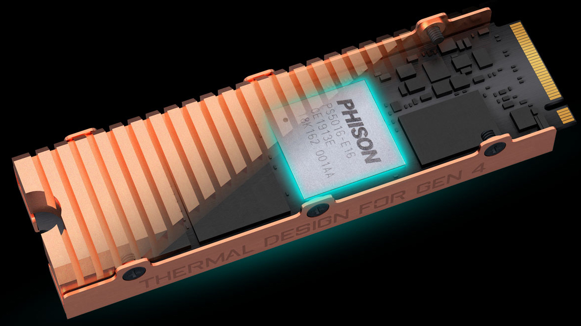 GIGABYTE AORUS SSD Angled Up to the Left, with half of its surface transparent to show the chipset inside