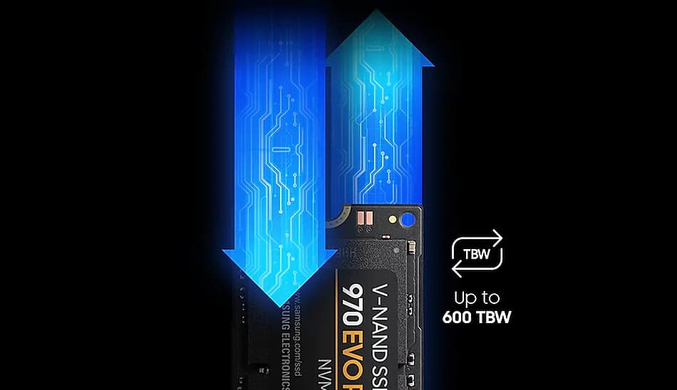 Graphic showing blue arrows going away and to the V-NAND SSD