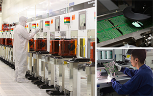 Three Micron factory scenes with one showing a man is checking some fluid in overall, one showing a machine working, and one showing a worker checking chipset.